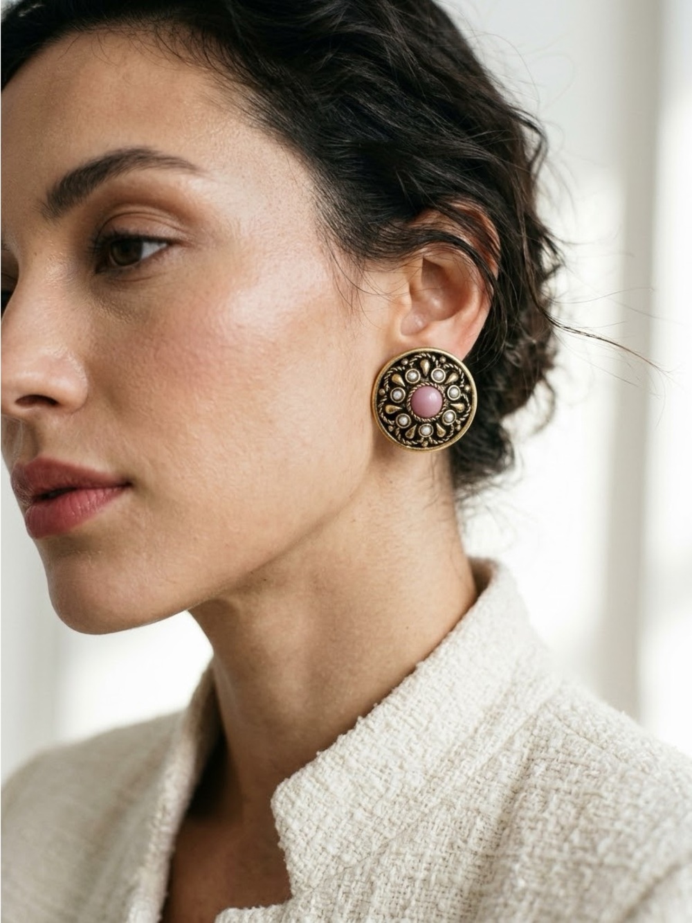 Vintage 80s Parisian Gold & Pink Cabochon Oversized Statement Clip-On Earrings